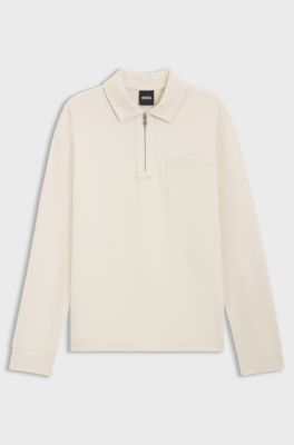 Sweat en coton m&eacute;lang&eacute; peau de p&ecirc;che &agrave; encolure zipp&eacute;e, Naturel