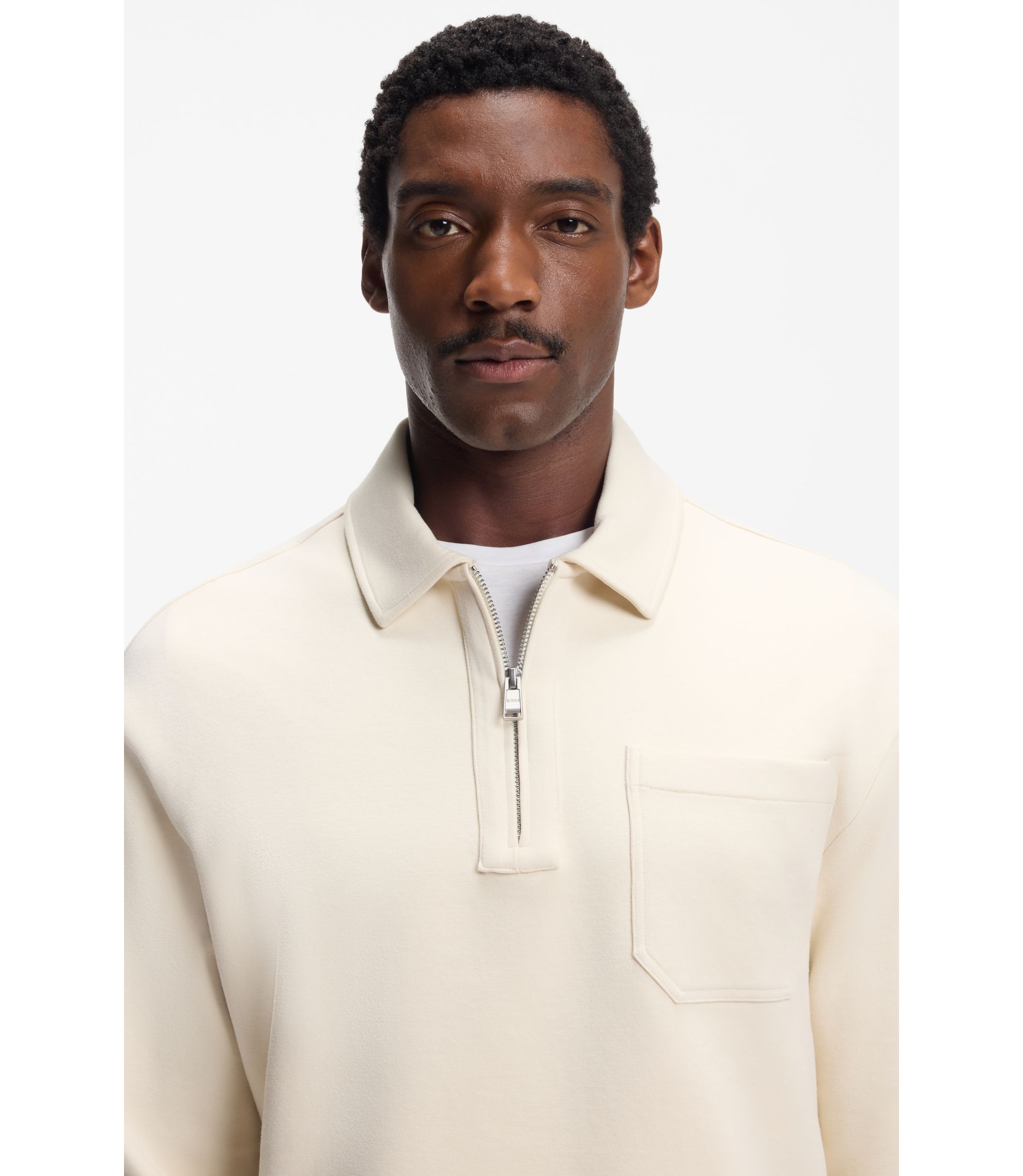 BOSS - Zip-neck sweatshirt in a peached cotton blend - Natural