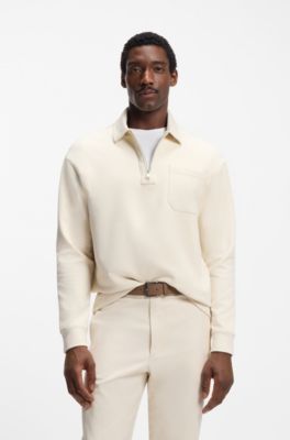 Zip-neck sweatshirt in a peached cotton blend, Natural