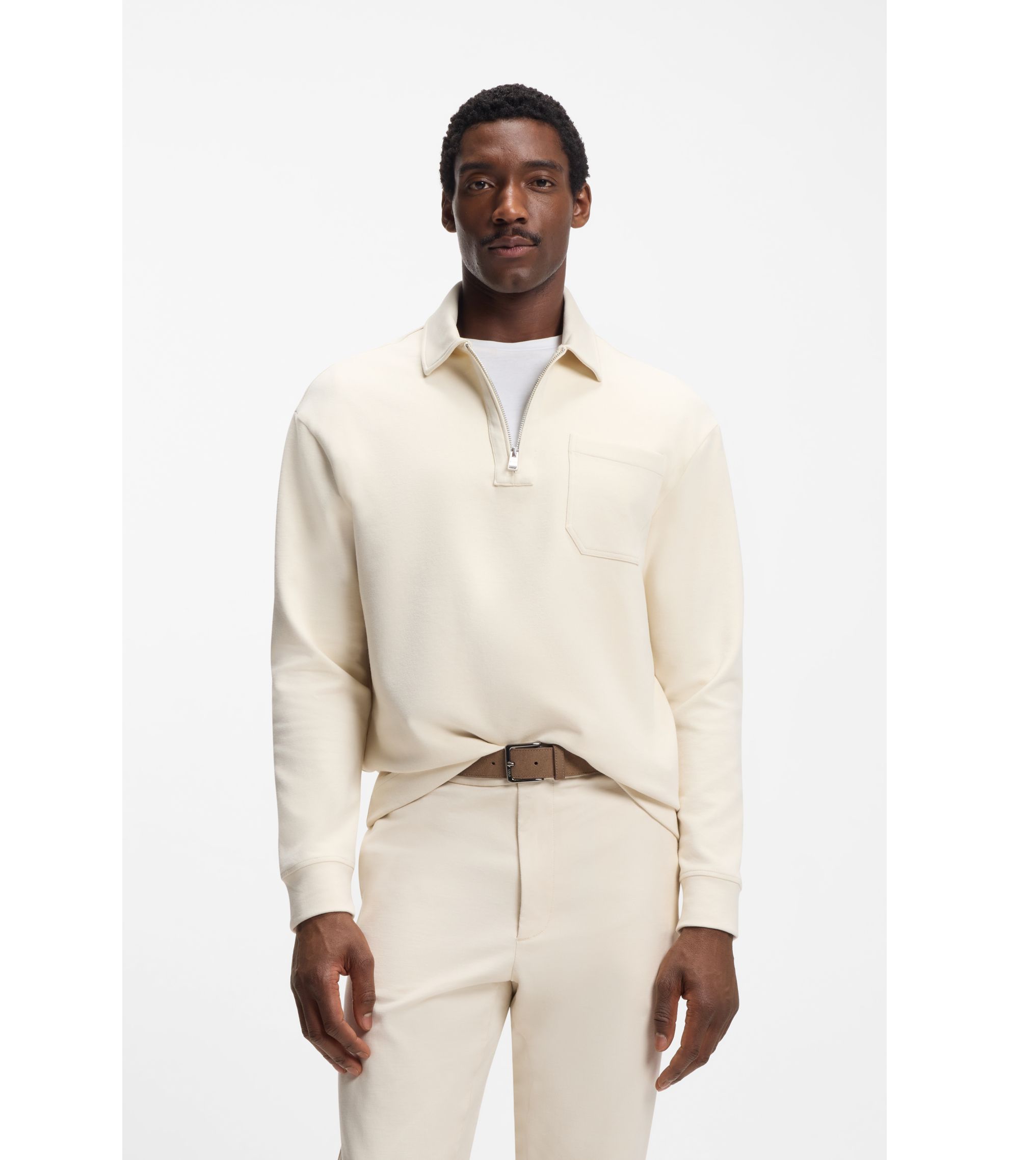 BOSS - Zip-neck sweatshirt in a peached cotton blend - Natural