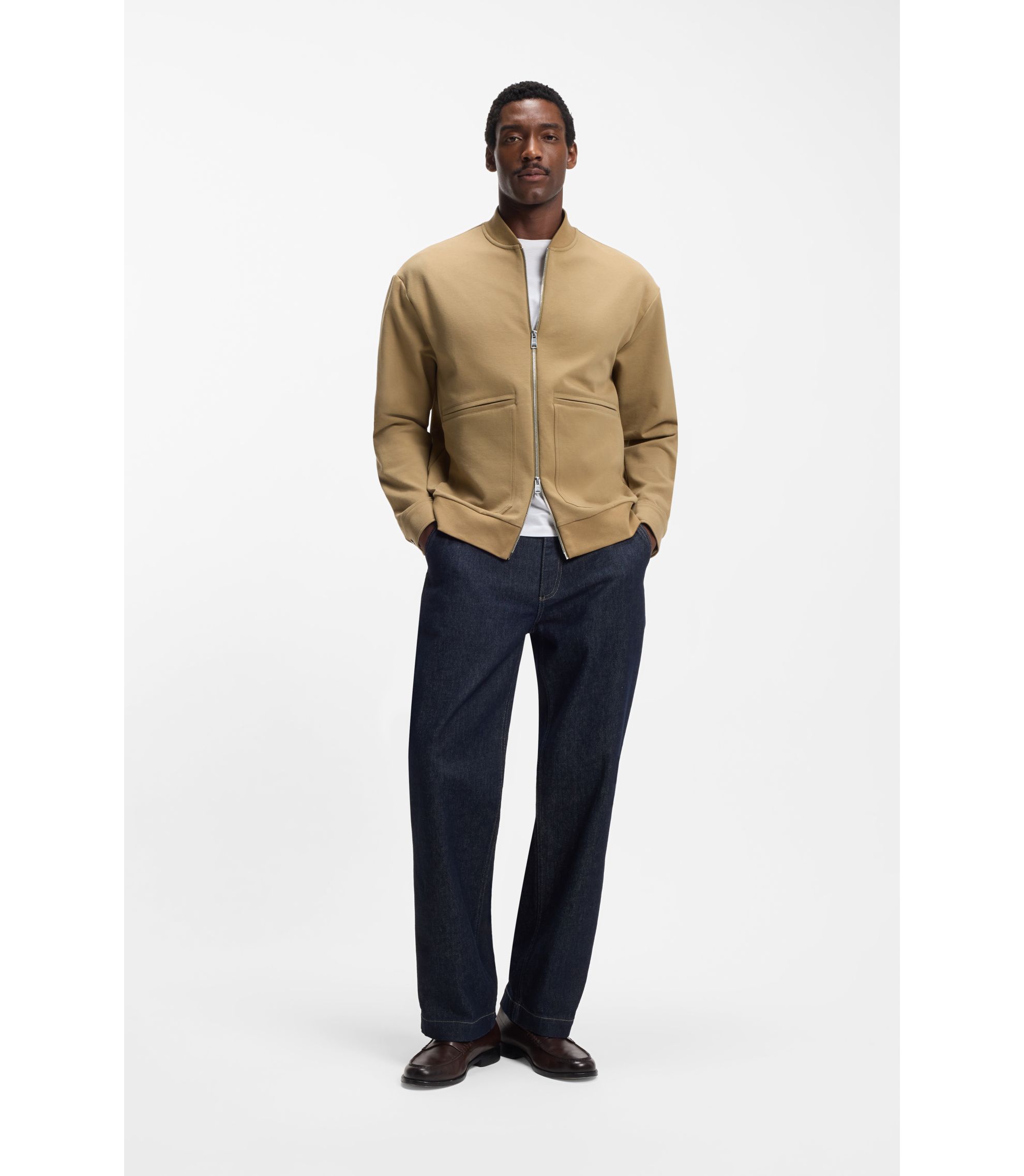 BOSS - Zip-up sweatshirt in a peached cotton blend - Beige