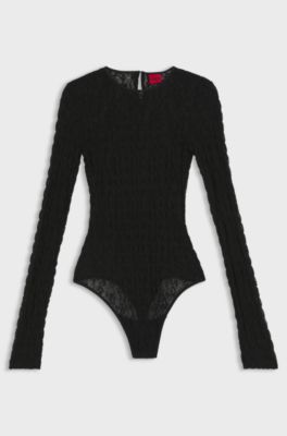 Body slim fit in pizzo elasticizzato, Nero