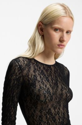 Body slim fit in pizzo elasticizzato, Nero