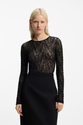 Body slim fit in pizzo elasticizzato, Nero