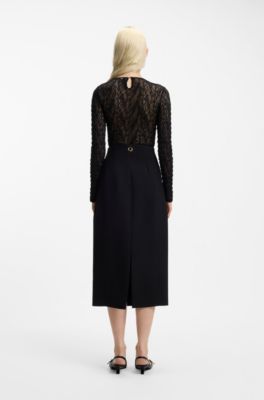 Body slim fit in pizzo elasticizzato, Nero