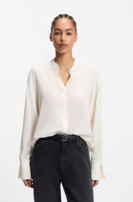 Regular-fit blouse in sandwashed silk with adjustable cuffs, Natural