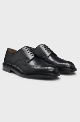 Burnished-leather Derby shoes with brogue details, Black