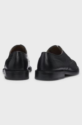 BOSS BY BECKHAM Burnished-leather Derby shoes with brogue details, Black