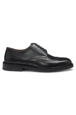 Burnished-leather Derby shoes with brogue details, Black