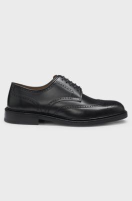 BOSS BY BECKHAM Burnished-leather Derby shoes with brogue details, Black