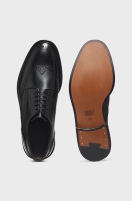 BOSS BY BECKHAM Burnished-leather Derby shoes with brogue details, Black