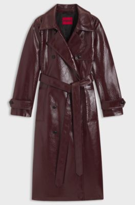 Double-breasted trench coat in faux leather, Bordeaux