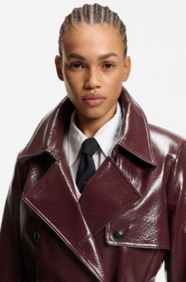 Double-breasted trench coat in faux leather, Dark Purple