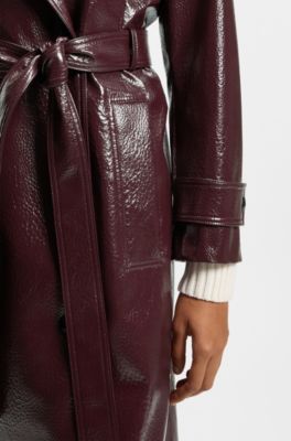 Double-breasted trench coat in faux leather, Bordeaux