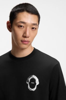 Cotton-jersey T-shirt with marine artwork, Black