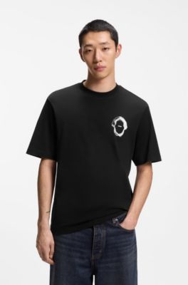 Cotton-jersey T-shirt with marine artwork, Black