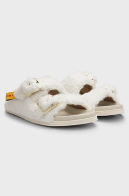 BOSS x Steiff buckled slides in teddy fabric, Natural
