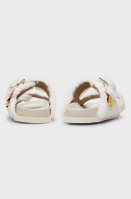 BOSS x Steiff buckled slides in teddy fabric, Natural