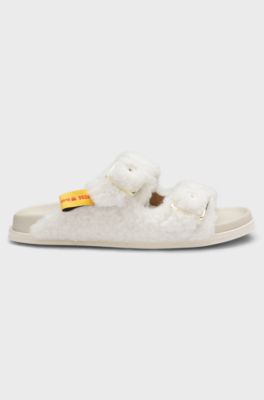BOSS x Steiff buckled slides in teddy fabric, Natural