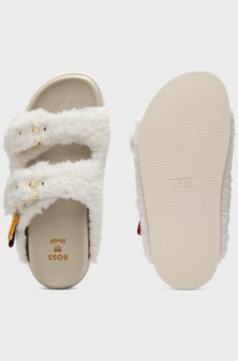 BOSS x Steiff buckled slides in teddy fabric, Natural