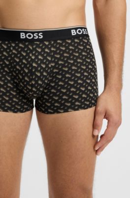 Three-pack of logo-detail trunks in stretch cotton, Black / Beige