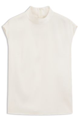 Top aus Stretch-Seide mit Stehkragen, Wei&szlig;