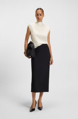Mock-neck top in stretch silk, Natural