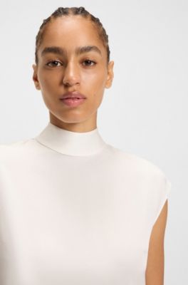 Mock-neck top in stretch silk, White