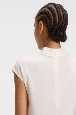 Mock-neck top in stretch silk, White