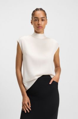 Mock-neck top in stretch silk, White