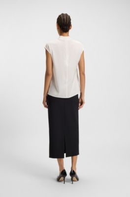 Mock-neck top in stretch silk, White