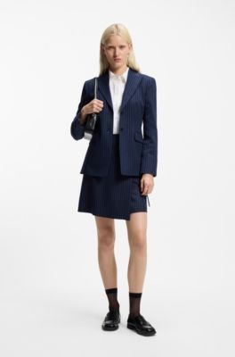 Belted pencil skirt with pinstripe, Blue Patterned