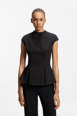 Peplum-hem top with pleat details, Black