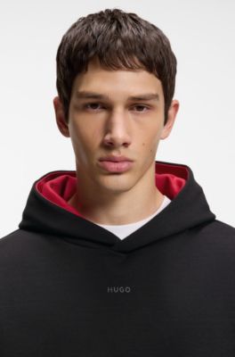 Relaxed-fit hoodie in stretch cotton with contrast inner, Black
