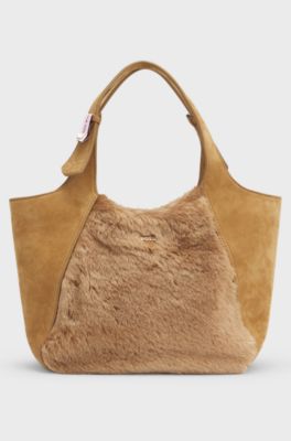 BOSS x Steiff leather tote with mohair-fur front, Beige