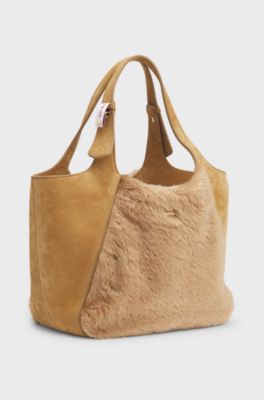 BOSS x Steiff leather tote with mohair-fur front, Beige