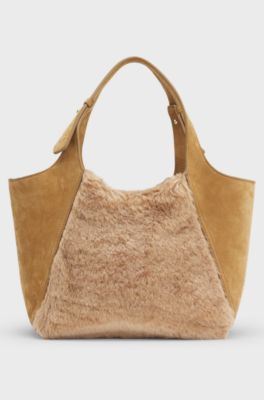 BOSS x Steiff leather tote with mohair-fur front, Beige
