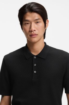 Mercerised-cotton polo shirt with basket weave, Black