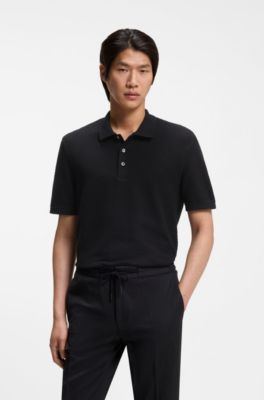Mercerised-cotton polo shirt with basket weave, Black