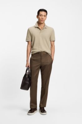 Mercerised-cotton polo shirt with basket weave, Light Brown