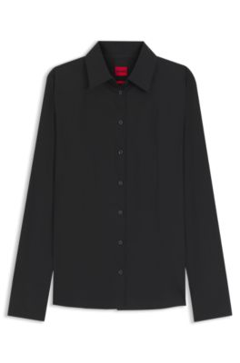 Slim-fit blouse in easy-iron cotton-blend twill, Black
