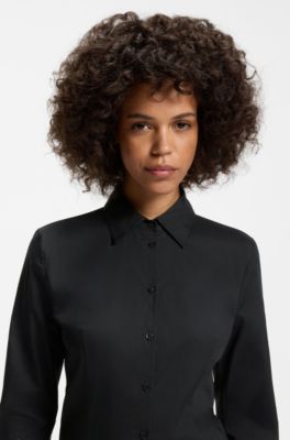 Slim-fit blouse in easy-iron cotton-blend twill, Black