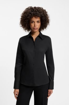 Slim fit skjorte i strygelet twill af bomuldsblanding, Sort