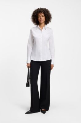 Slim-fit blouse in easy-iron cotton-blend twill, White