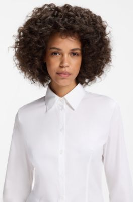 Slim-fit blouse in easy-iron cotton-blend twill, White