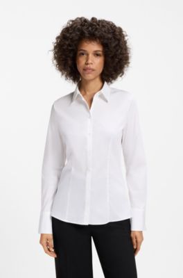 Slim-fit blouse in easy-iron cotton-blend twill, White