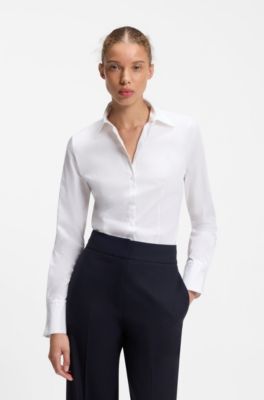 Chemisier Slim en twill de coton m&eacute;lang&eacute; facile &agrave; repasser, Blanc