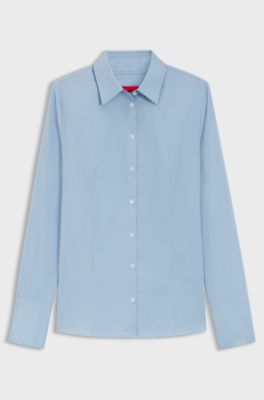 Slim-fit blouse in easy-iron cotton-blend twill, Light Blue