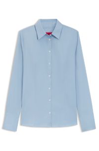 Slim-fit blouse in easy-iron cotton-blend twill, Light Blue