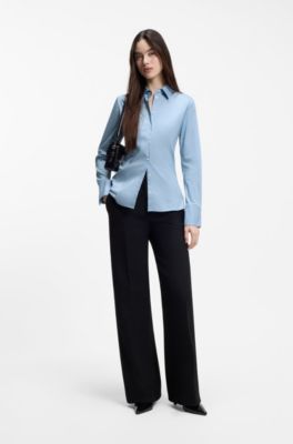 Camicetta slim fit in twill di misto cotone facile da stirare, Celeste